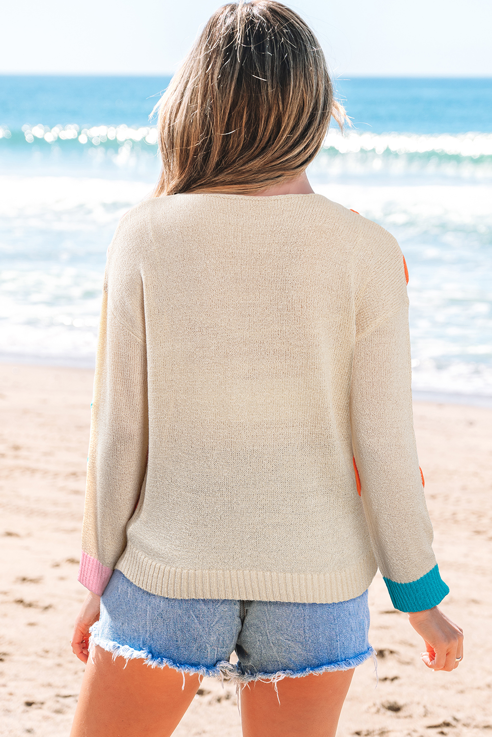 Jet Stream Contrast Flower Detail Colorblock Cuffed Loose Sweater