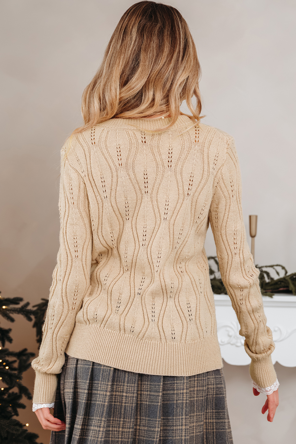 Smoke Gray Pearl Beaded Pointelle Knit V Neck Lace Patchwork Sleeve Sweater