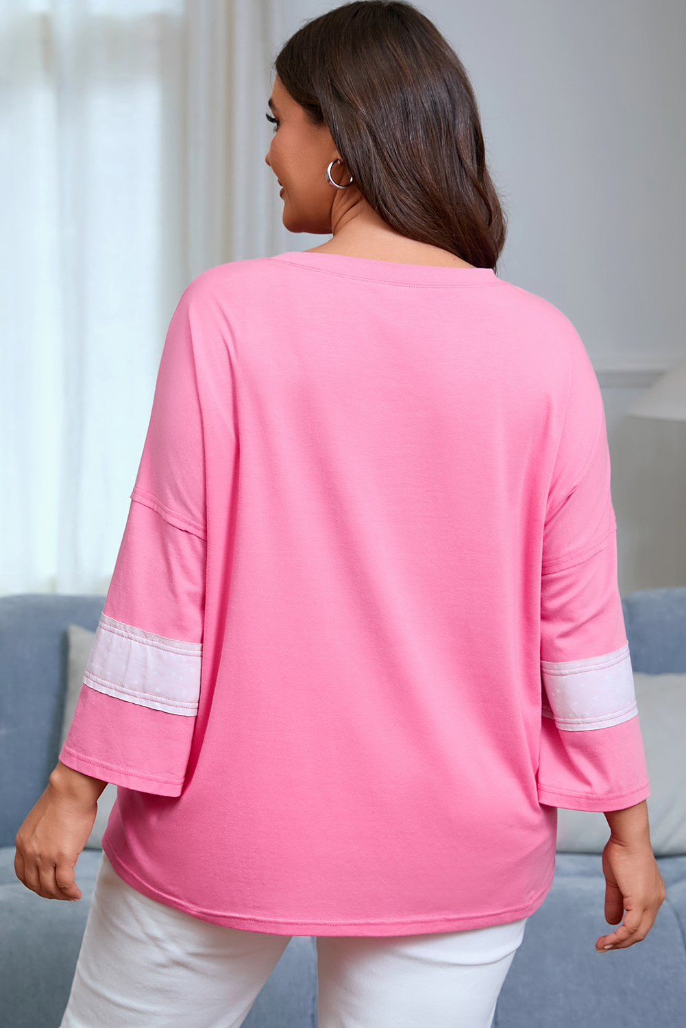 Pink Star Patched Colorblock Raw Edge Bracelet Sleeve Plus Size Loose Tee