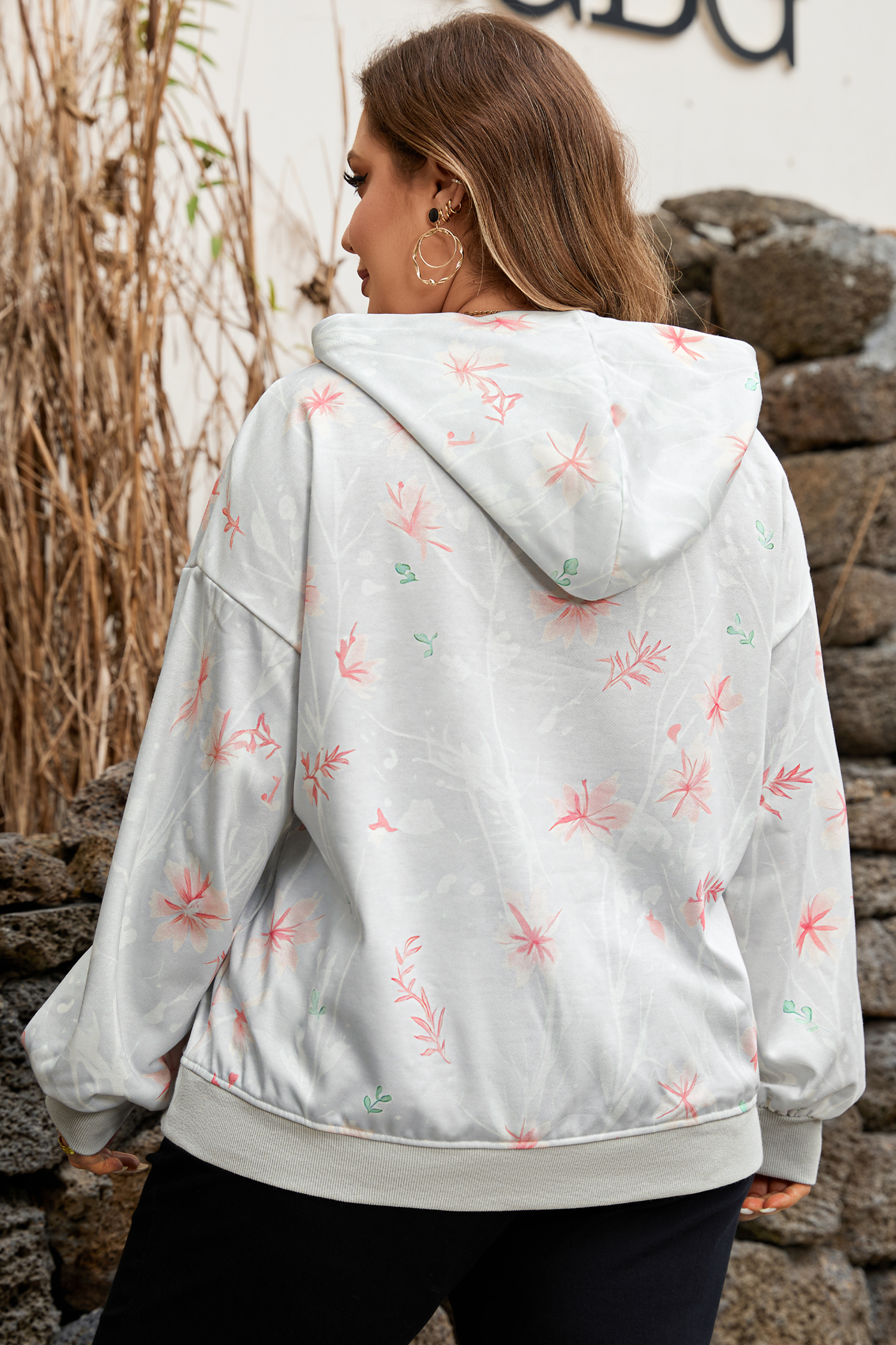 Gray Floral Print Plus Size Loose Hoodie
