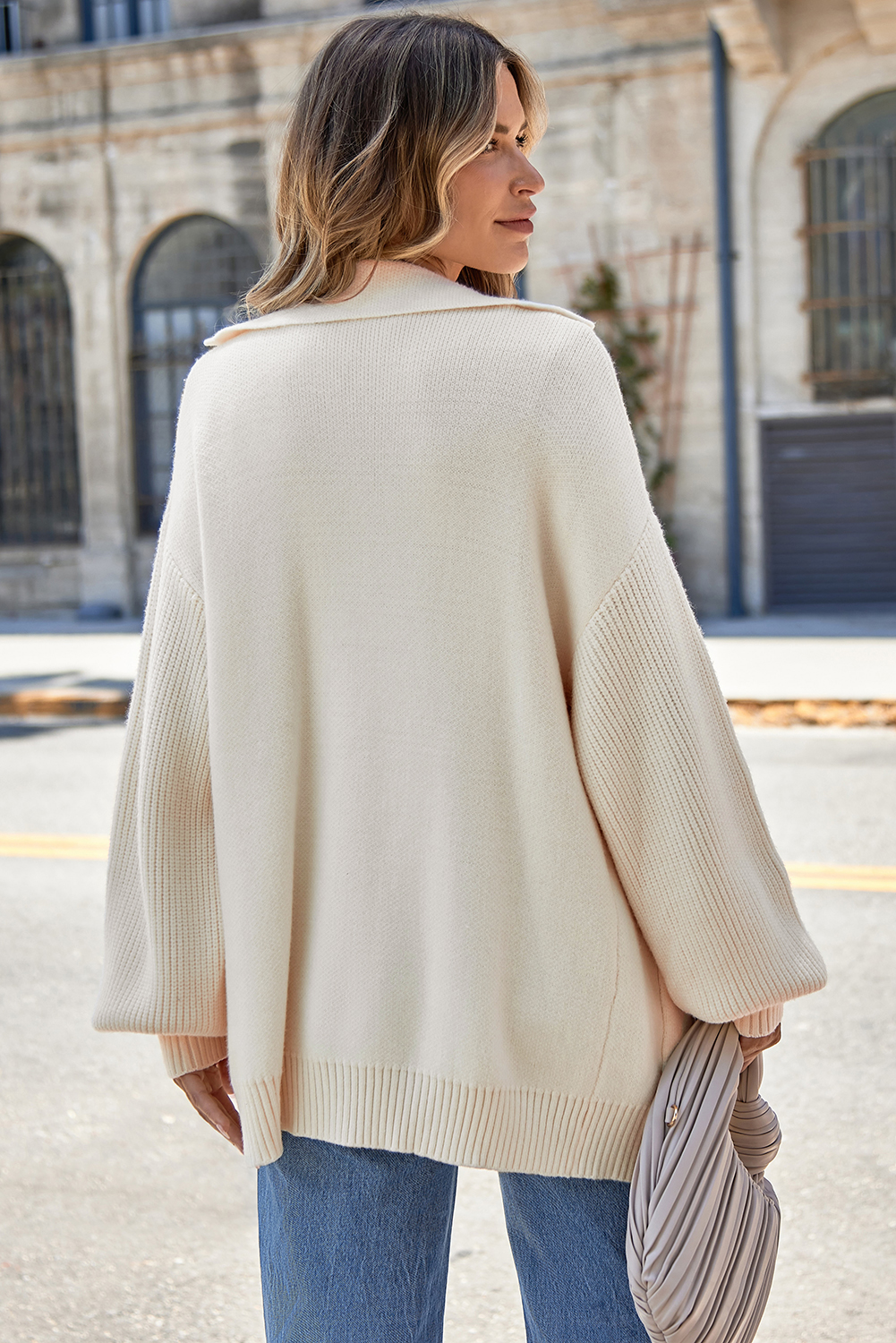 Beige Solid Color Knit Lapel Collar Single Button Sweater Cardigan