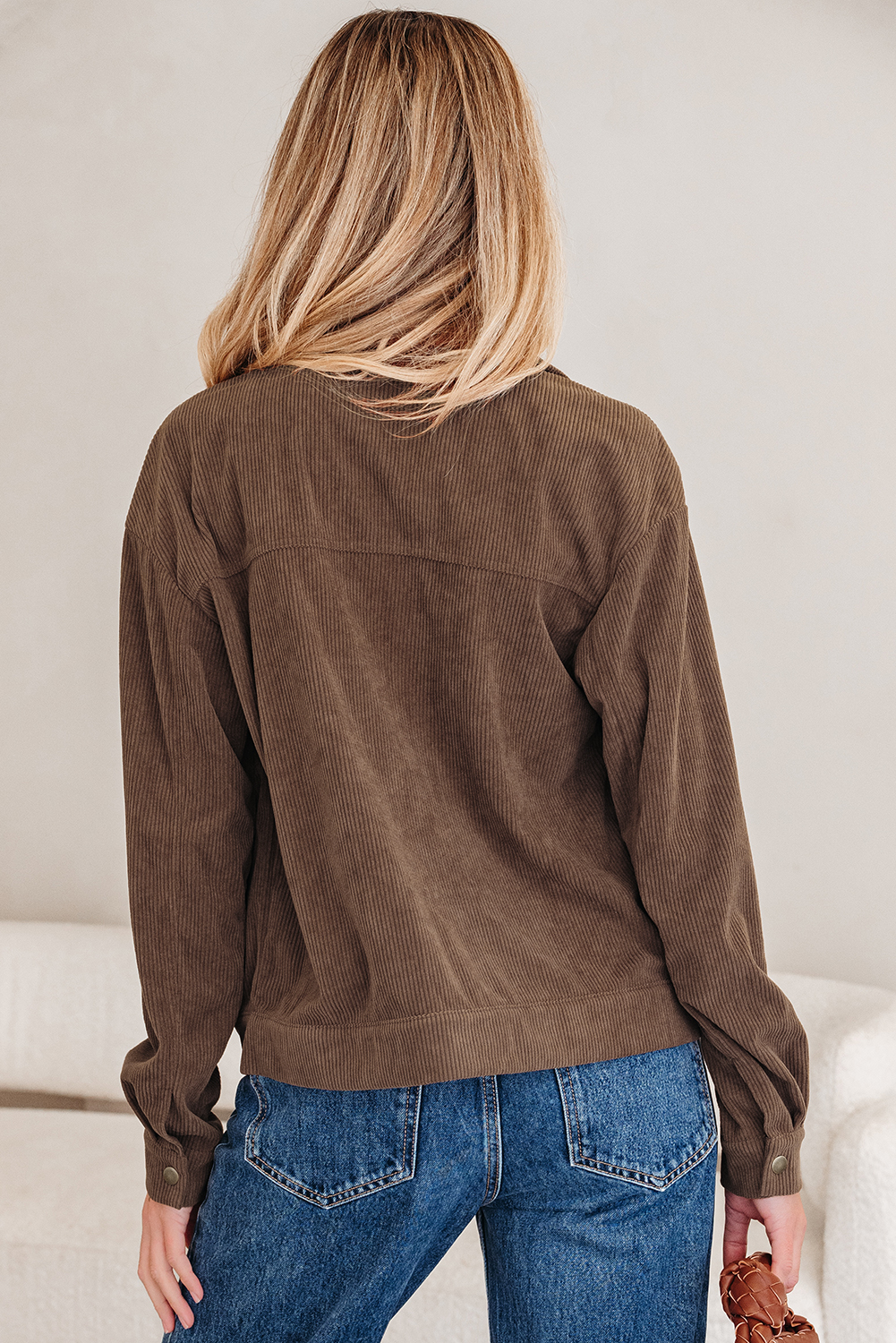 Dark Khaki Button Zip Up Lapel Collar Corduroy Jacket