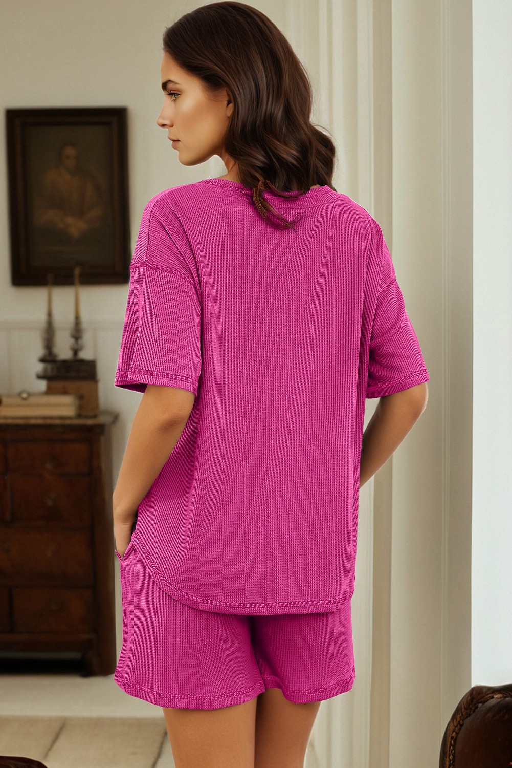 Rose Red Solid Color Waffled V Neck Loose Tee Drawstring Shorts Set