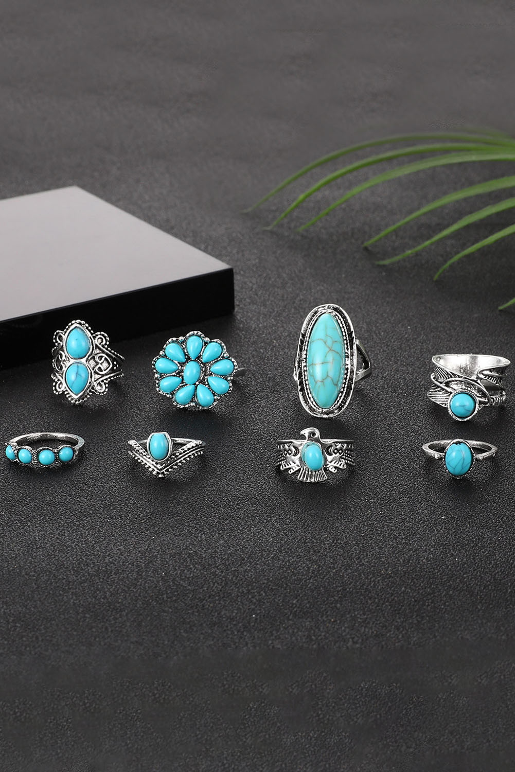 Green Vintage Western Turquoise 8-piece Ring Set