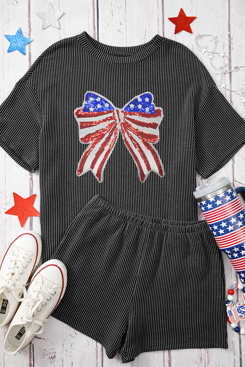 Carbon Grey Independence Day Sequin Bow Graphic Twist Rib Textured Short Set
