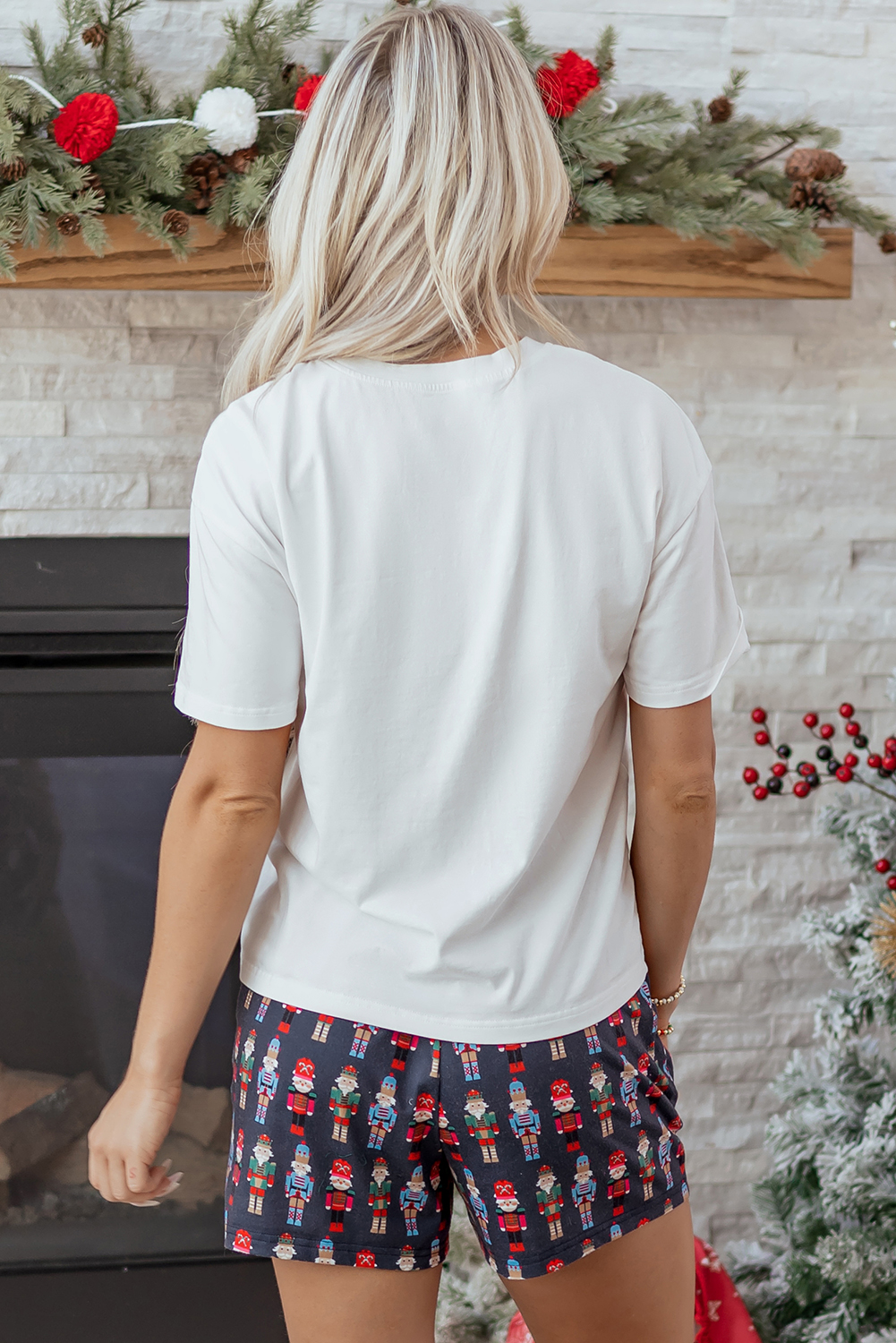 Pink Mama Claus Plaid Letter Tee Nutcracker Shorts 2pcs Lounge Set