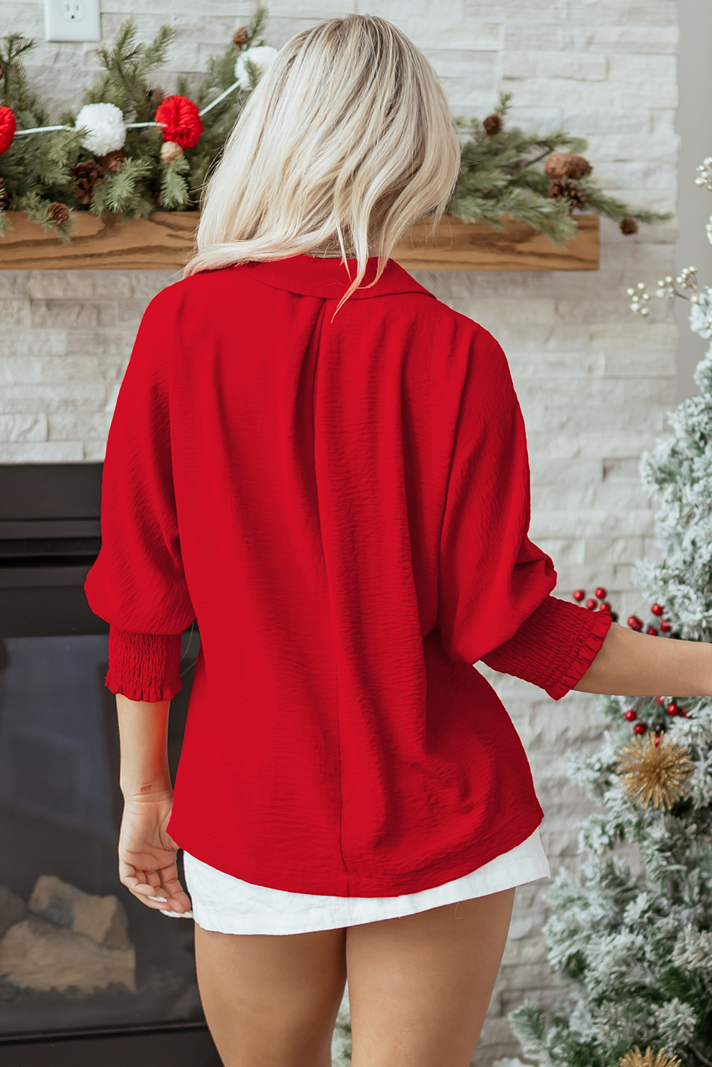 Fiery Red V Neck Collared Shirred 3/4 Sleeve Oversized Tunic Top