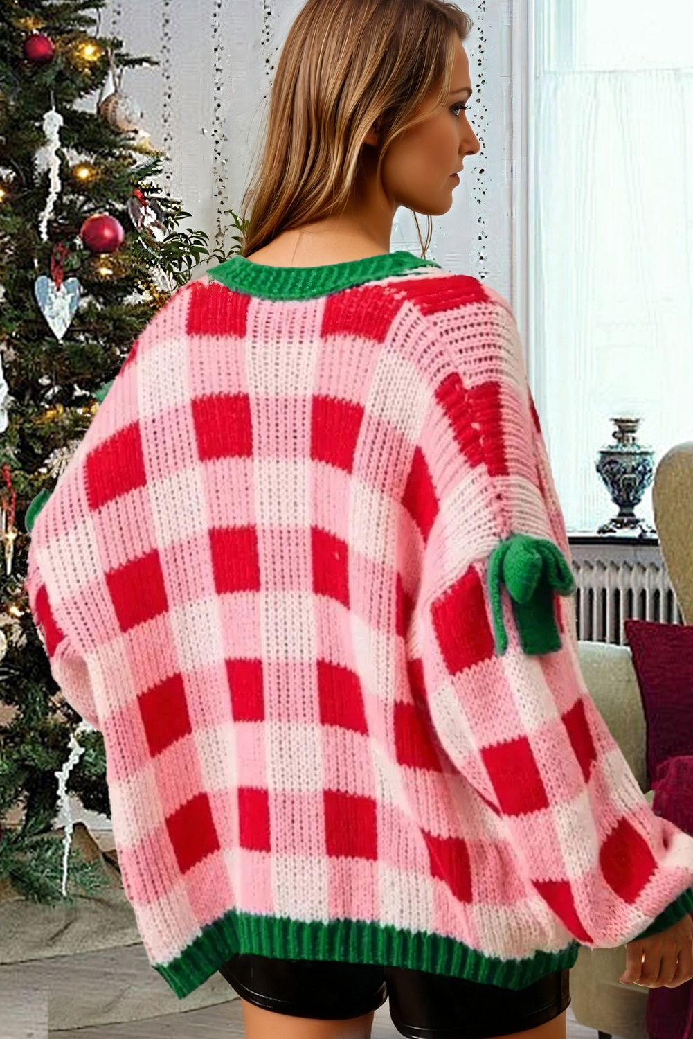 Pink Plaid Knit Bow Knot Decor Open Front Sweater Cardigan