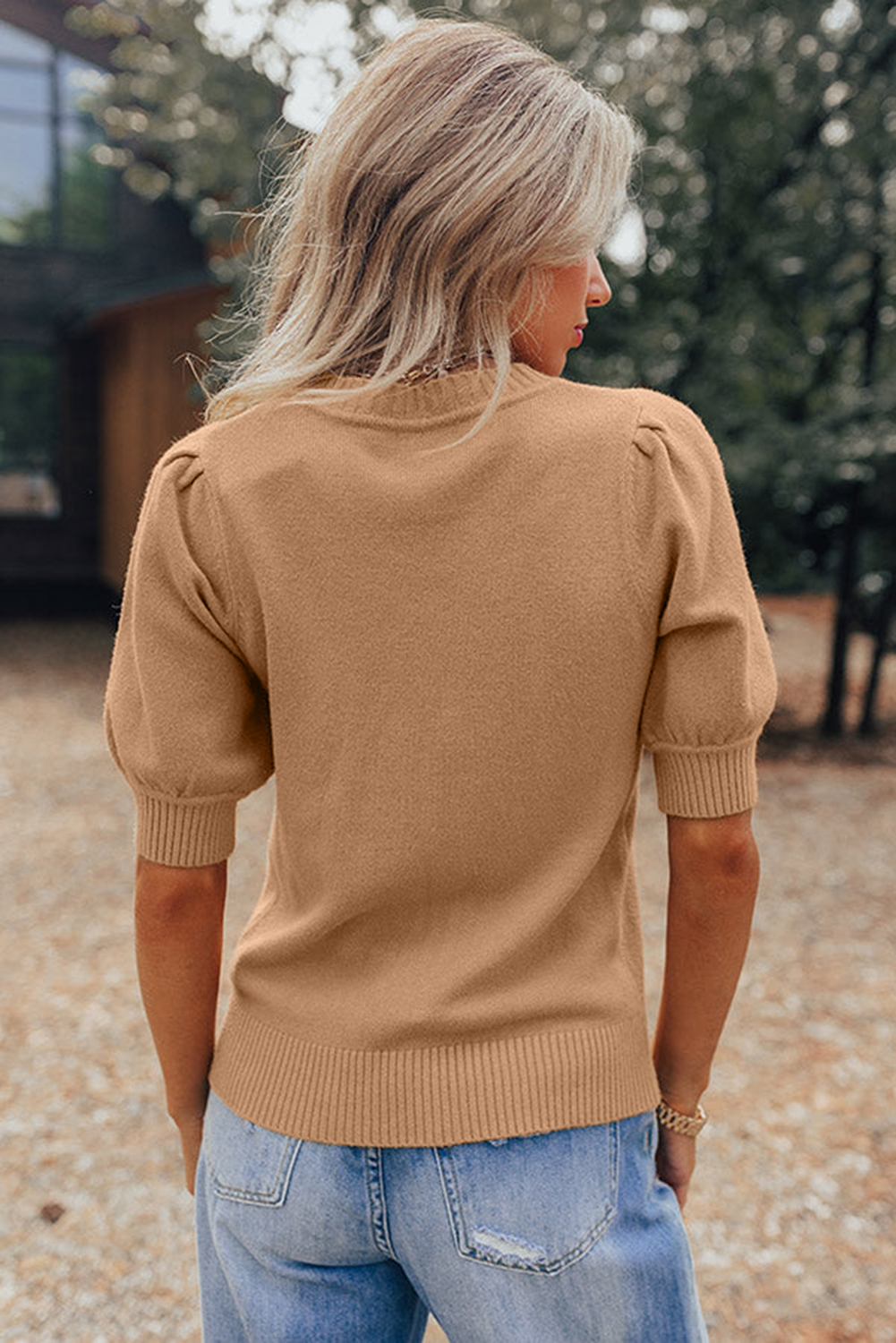 Light French Beige Solid Color Knit Short Puff Sleeve Sweater