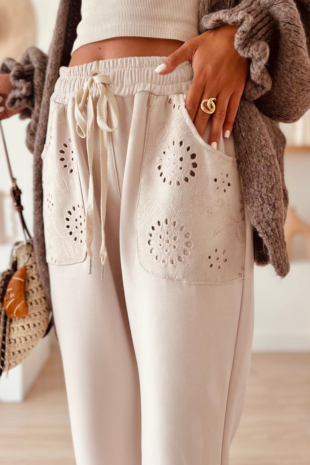 Jet Stream Embroidered Patched Pockets Drawstring Pants