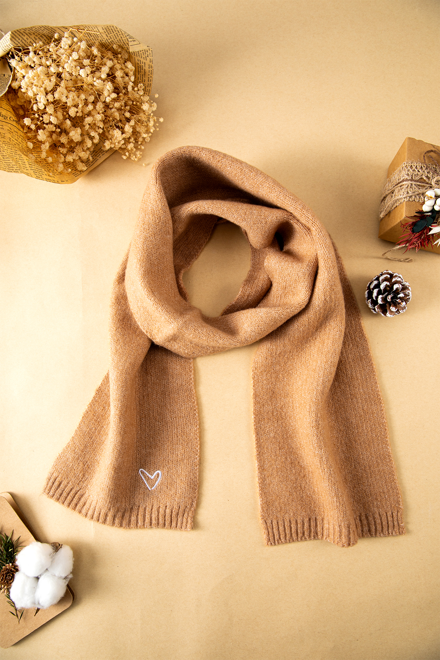 Thai Curry Tiny Heart Embroidered Detail Ribbed Trim Warm Knit Scarf
