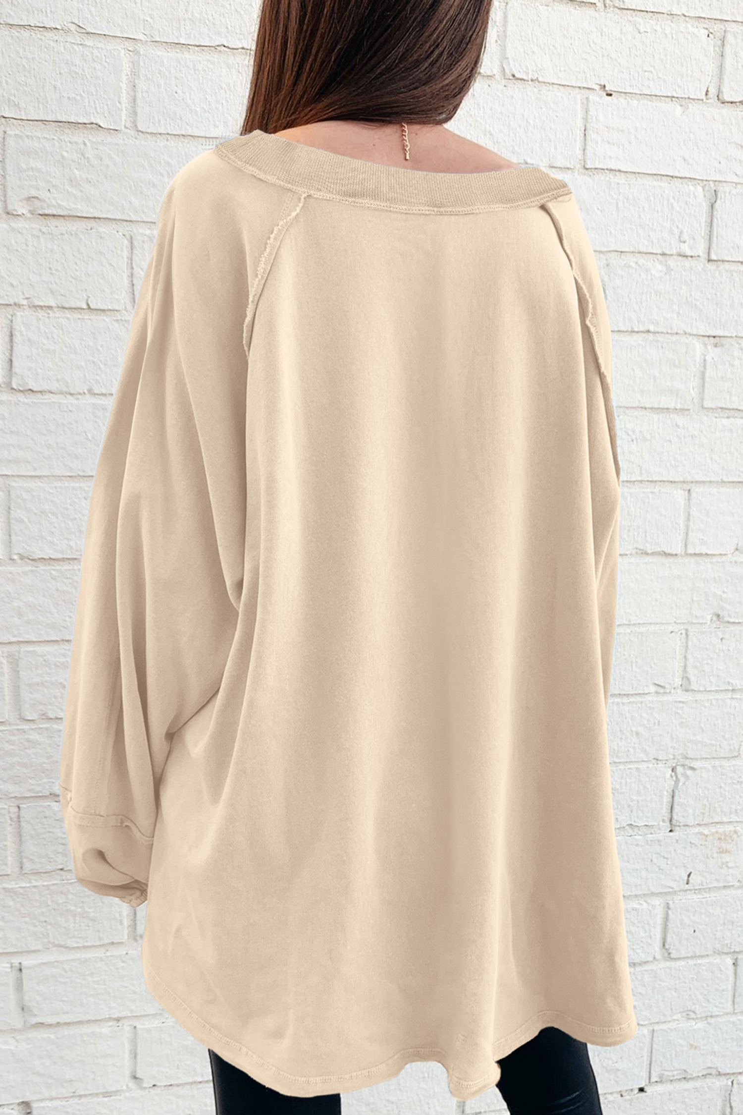 Beige Solid Color Raw Seam Patchwork Baggy Sweatshirt
