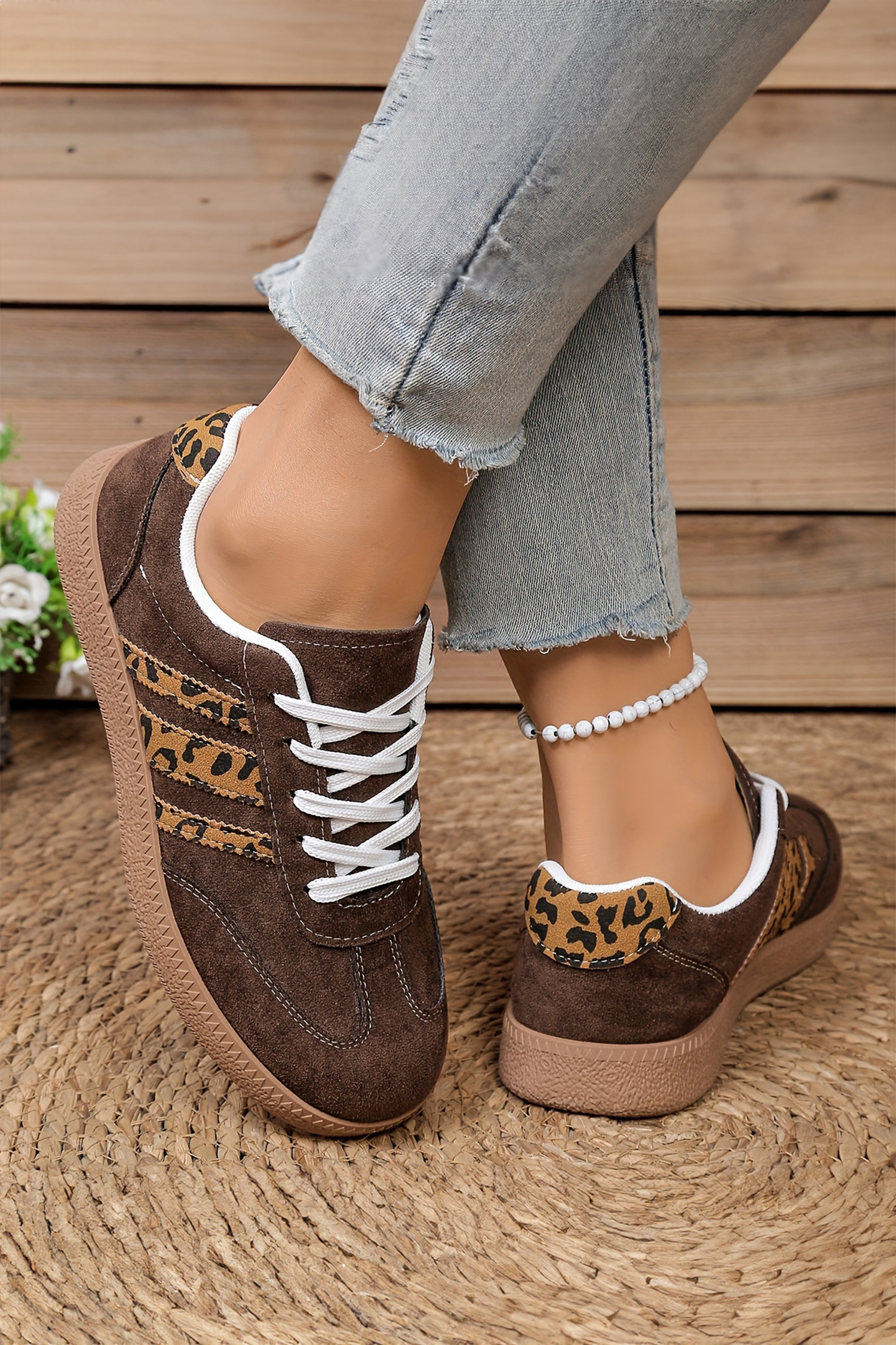 Coffee Contrast Lace-up Leopard Patchwork Detail Faux Suede Shoes
