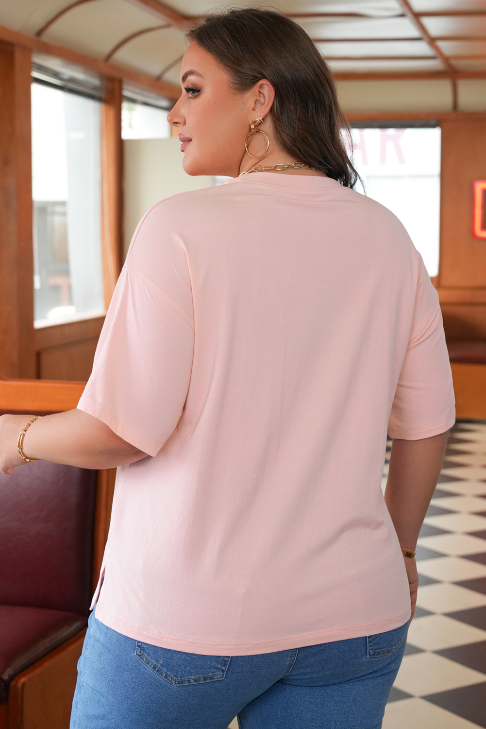 Light Pink Eyelet Lace Star Applique Plus Size T Shirt