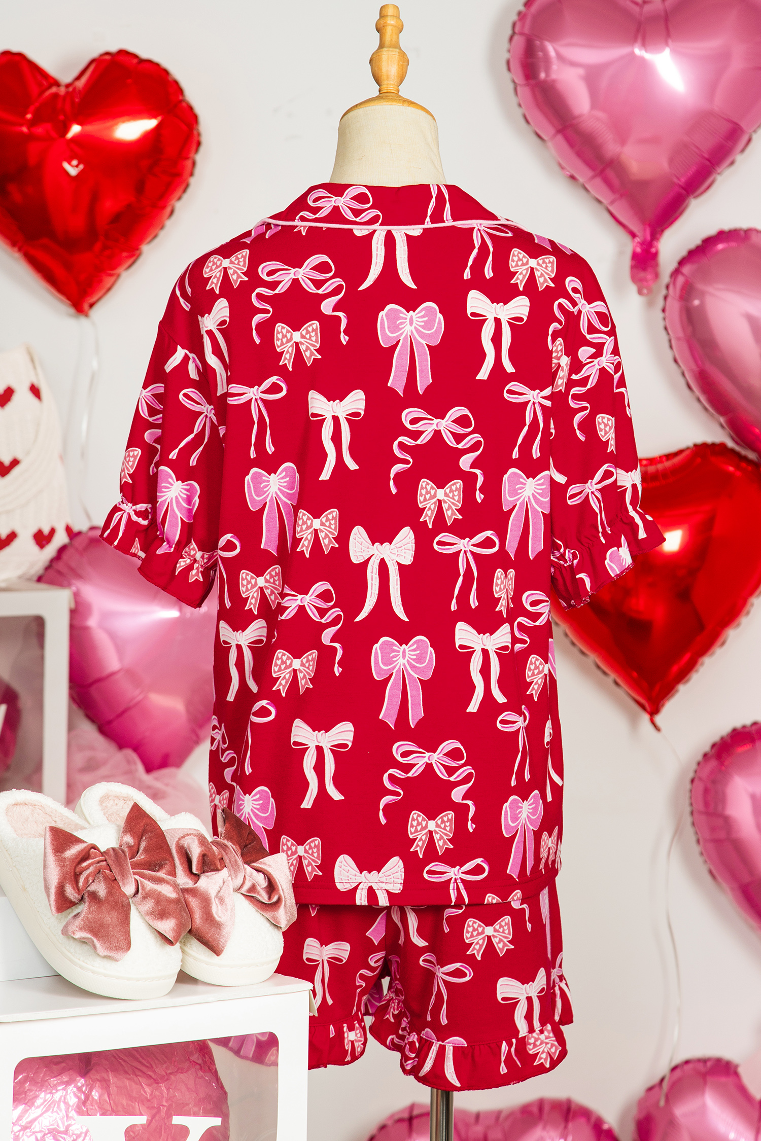 Red Sweet Bow Print Ruffled Short Sleeve Shirt Shorts 2pcs Pajama Set