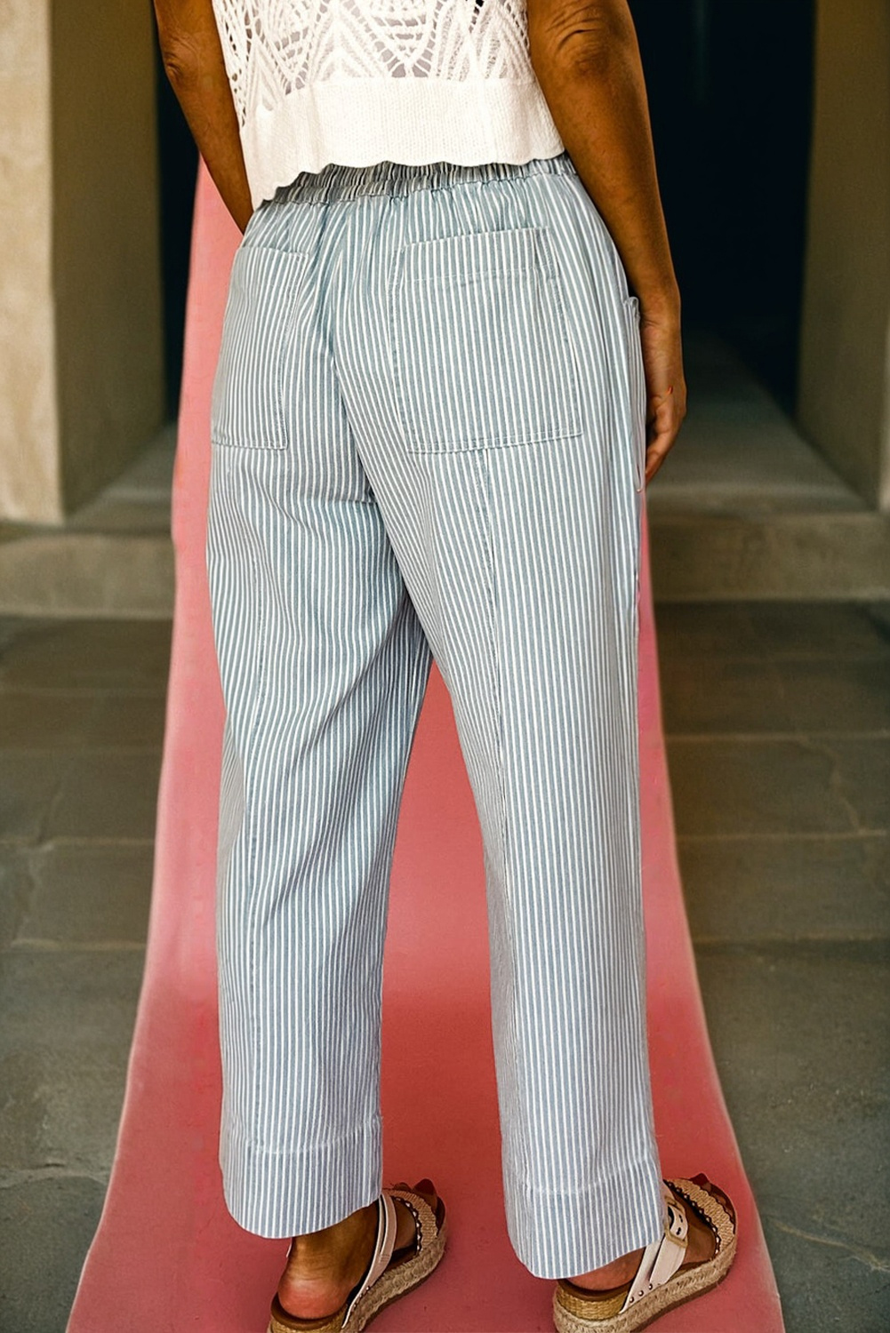 Sky Blue Stripe Mid Rise Drawstring Waist Jeans