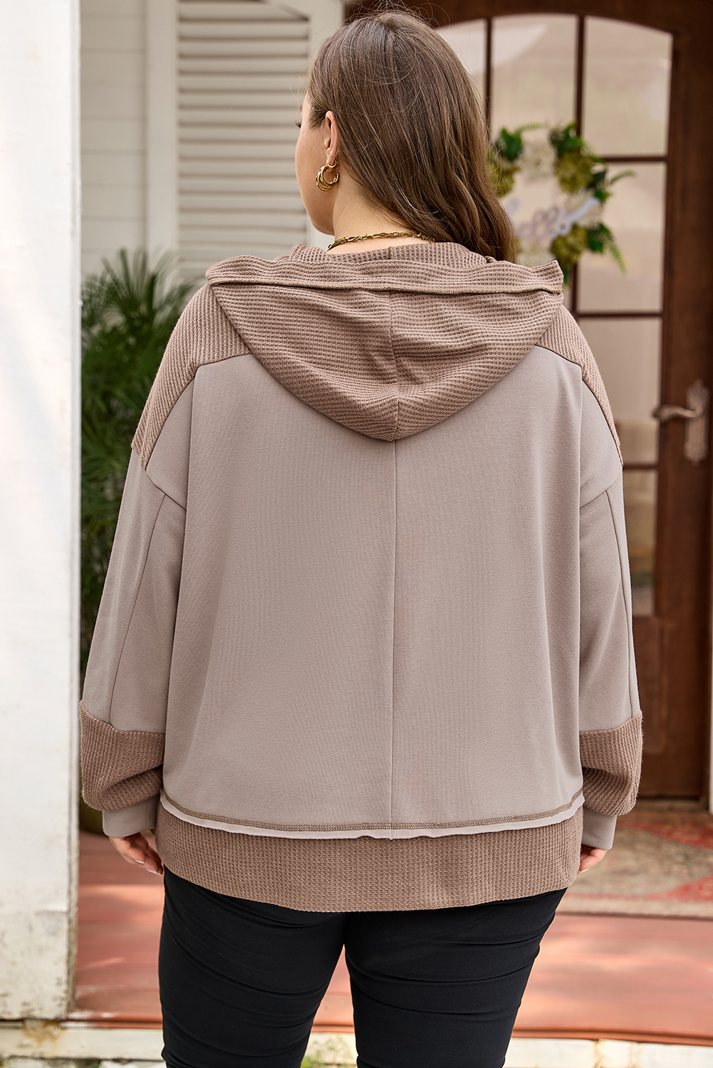 Goat Waffle Contrast Patchwork Plus Size Pocketed Hoodie