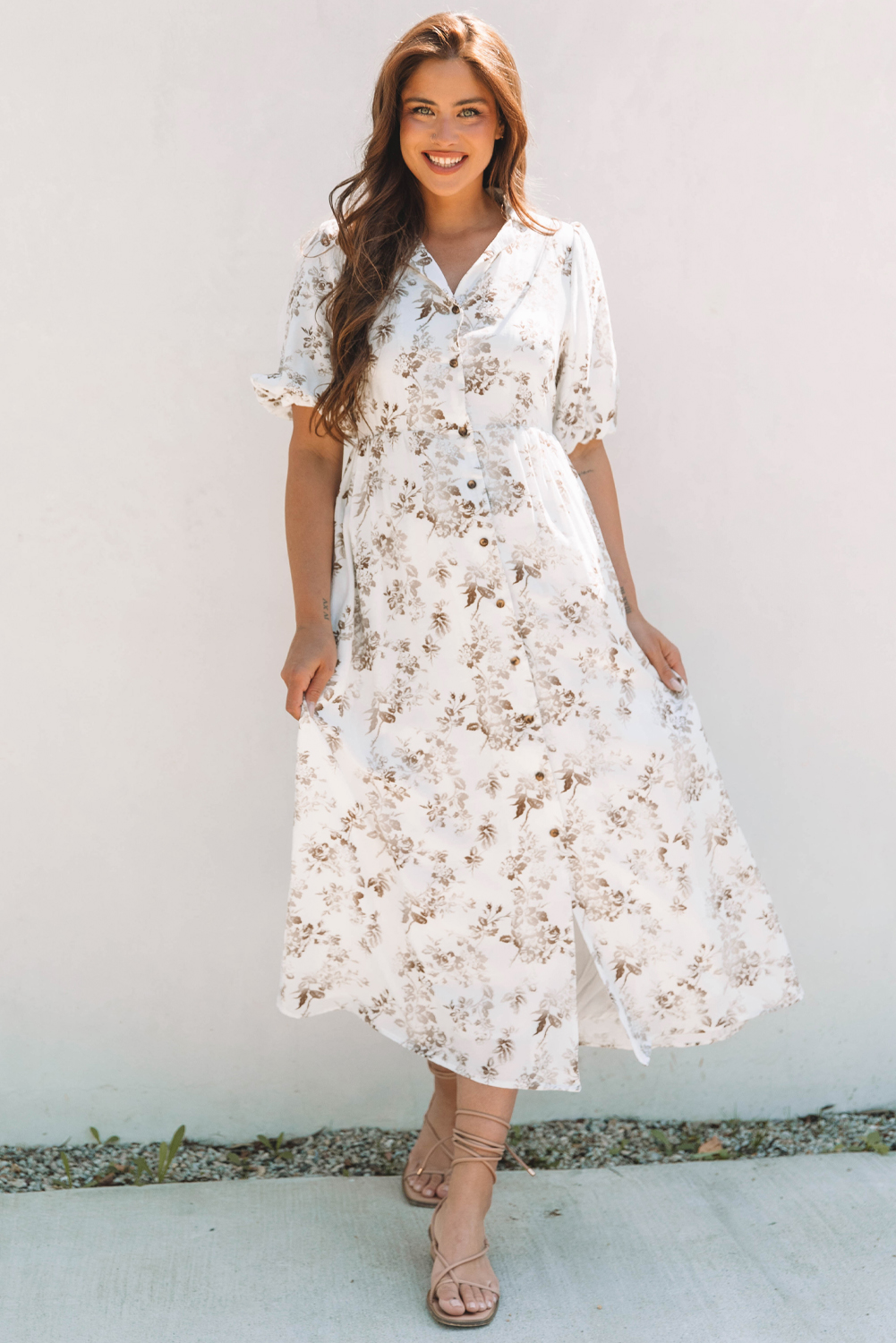 Khaki Floral Puff Sleeve V Neck Buttoned Front Maxi Dress