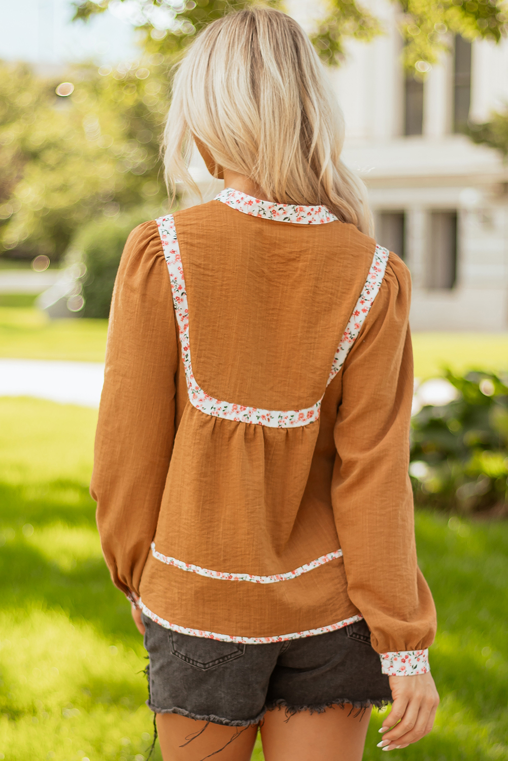 Straw Yellow Split Neck Pleated Floral Trim Long Puff Sleeve Blouse