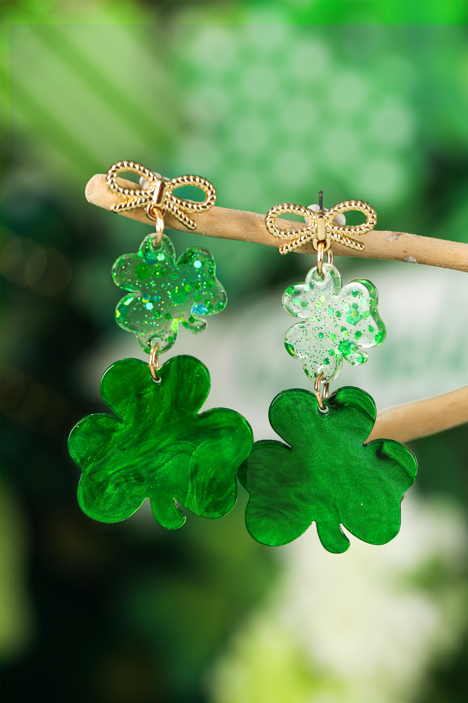 Green Double Clover Dangle Pendant Bow Stud Earrings
