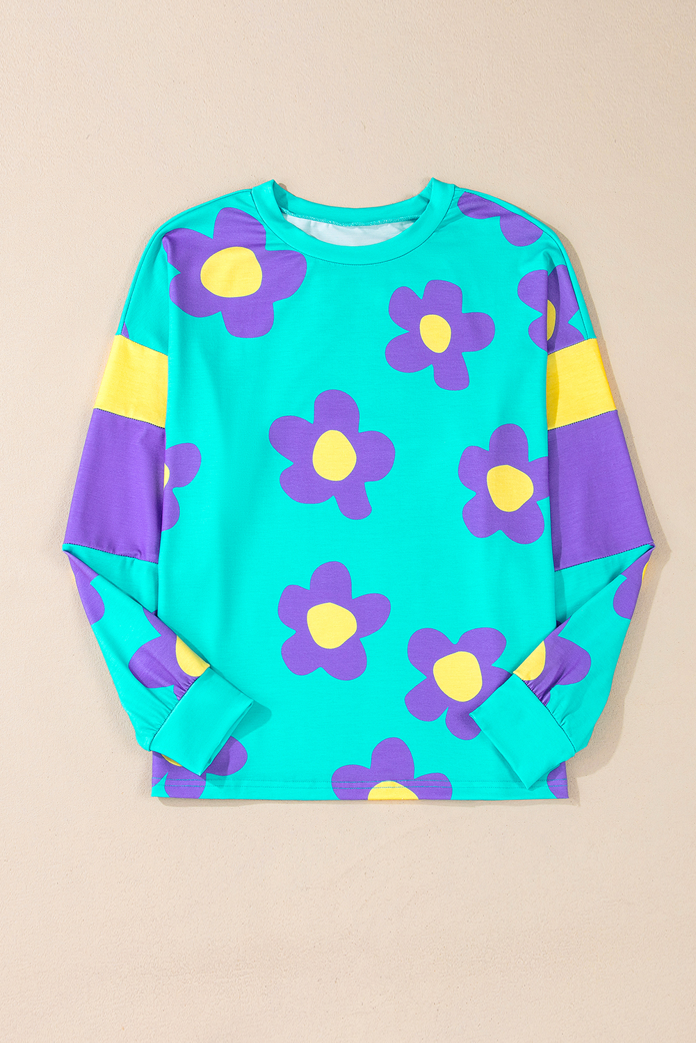 Sky Blue Floral Color Block Long Sleeve Loose Top