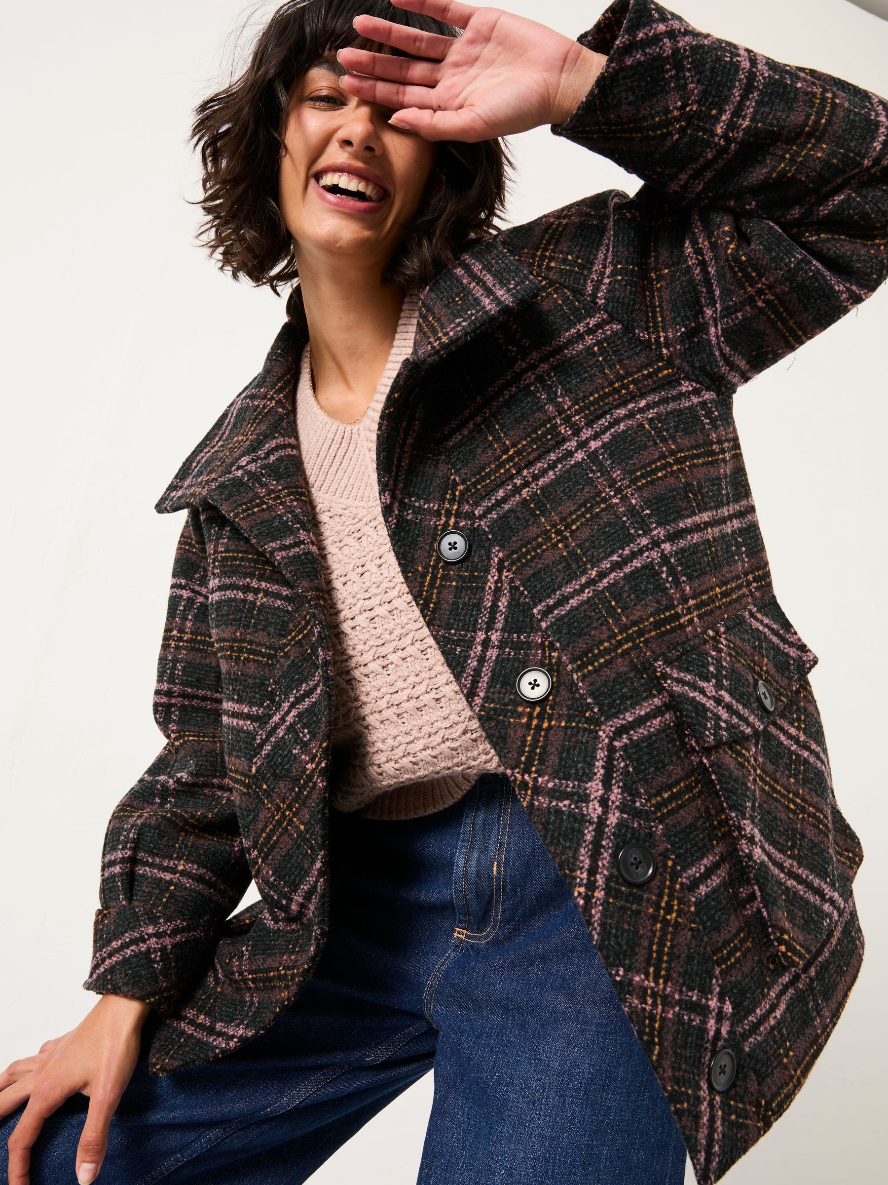 Heather Navy Check Coat