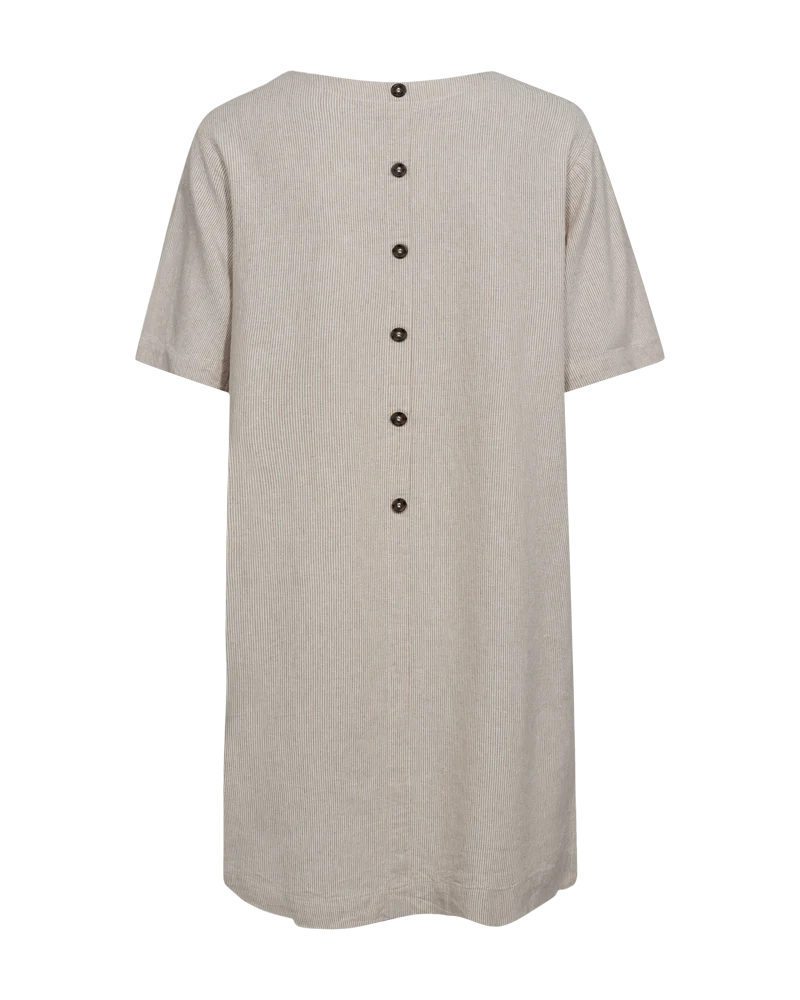 FQLAVA - GESTREIFTE LEINENKLEID - BEIGE UND WEISS