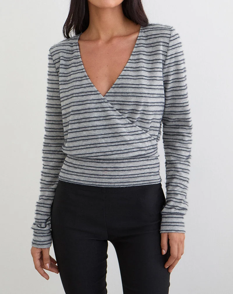 Milzie Wrap Top in Horizontal Stripe Knit Grey and Black