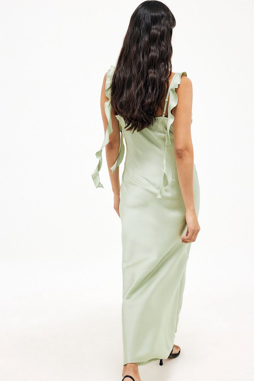 Satin Ruffle Shoulder Maxi Dress
