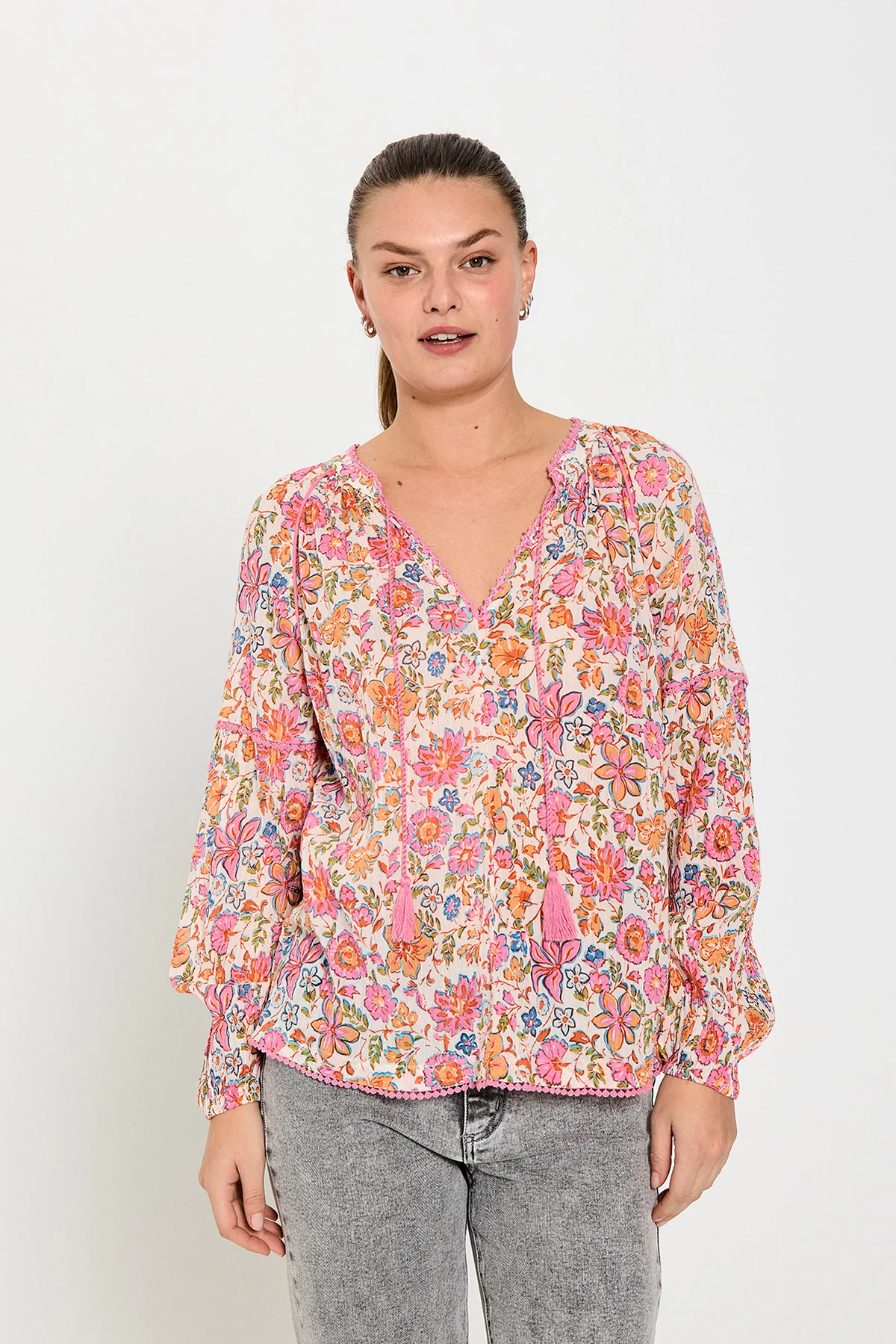 FQCARIN - FLORALES BLUSE - WEISS UND ROSA