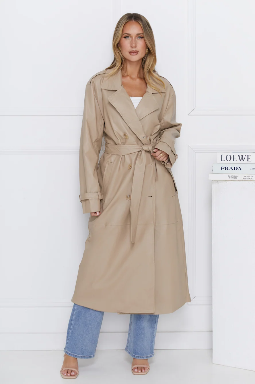 Subtle Sophistication Faux Leather Trench Coat Beige