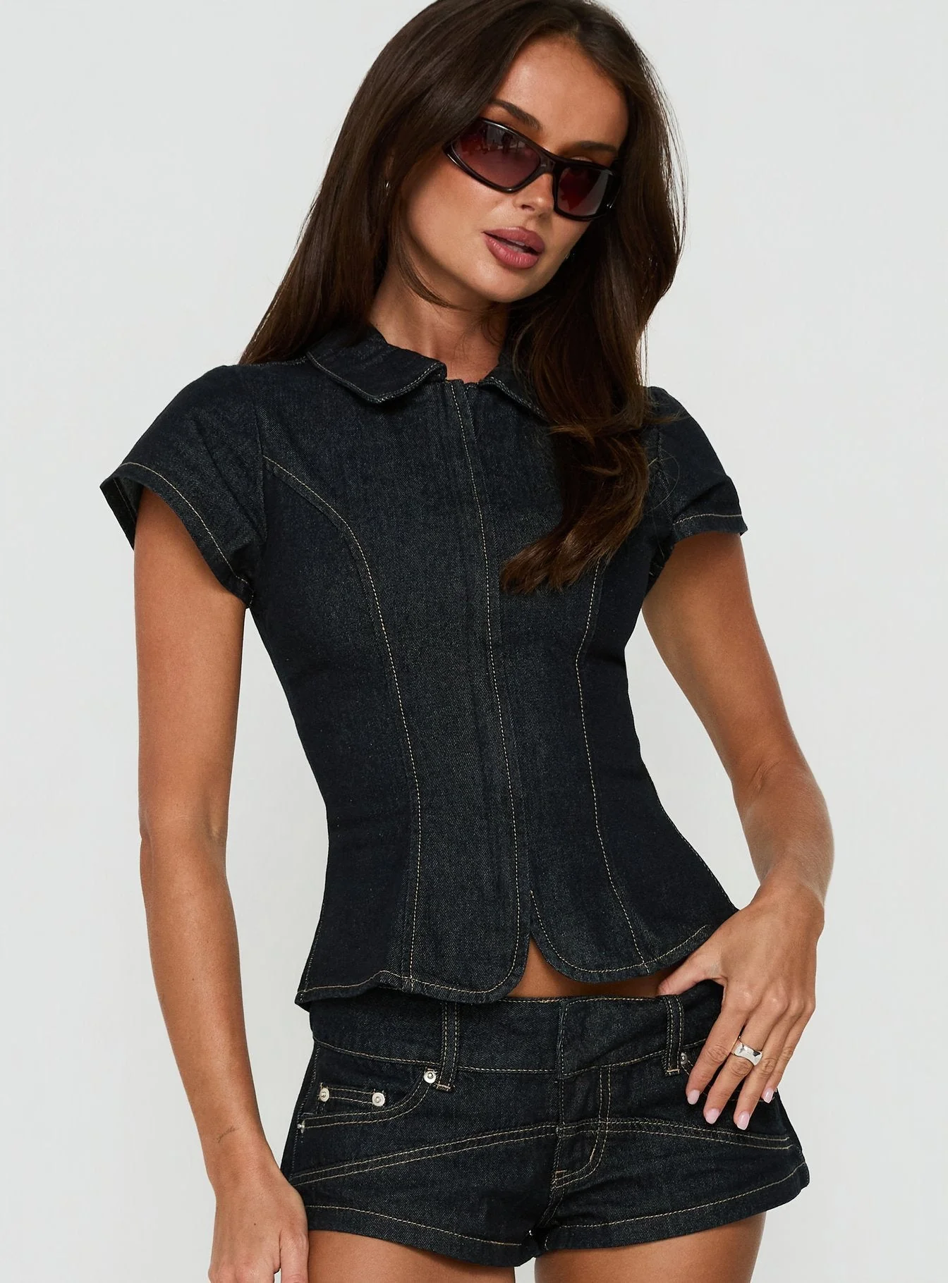 Raminna Zip Front Collared Top Raw Denim