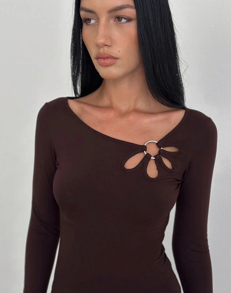 Donela Long Sleeve Top with Flower Ring in Bitter Chocolate