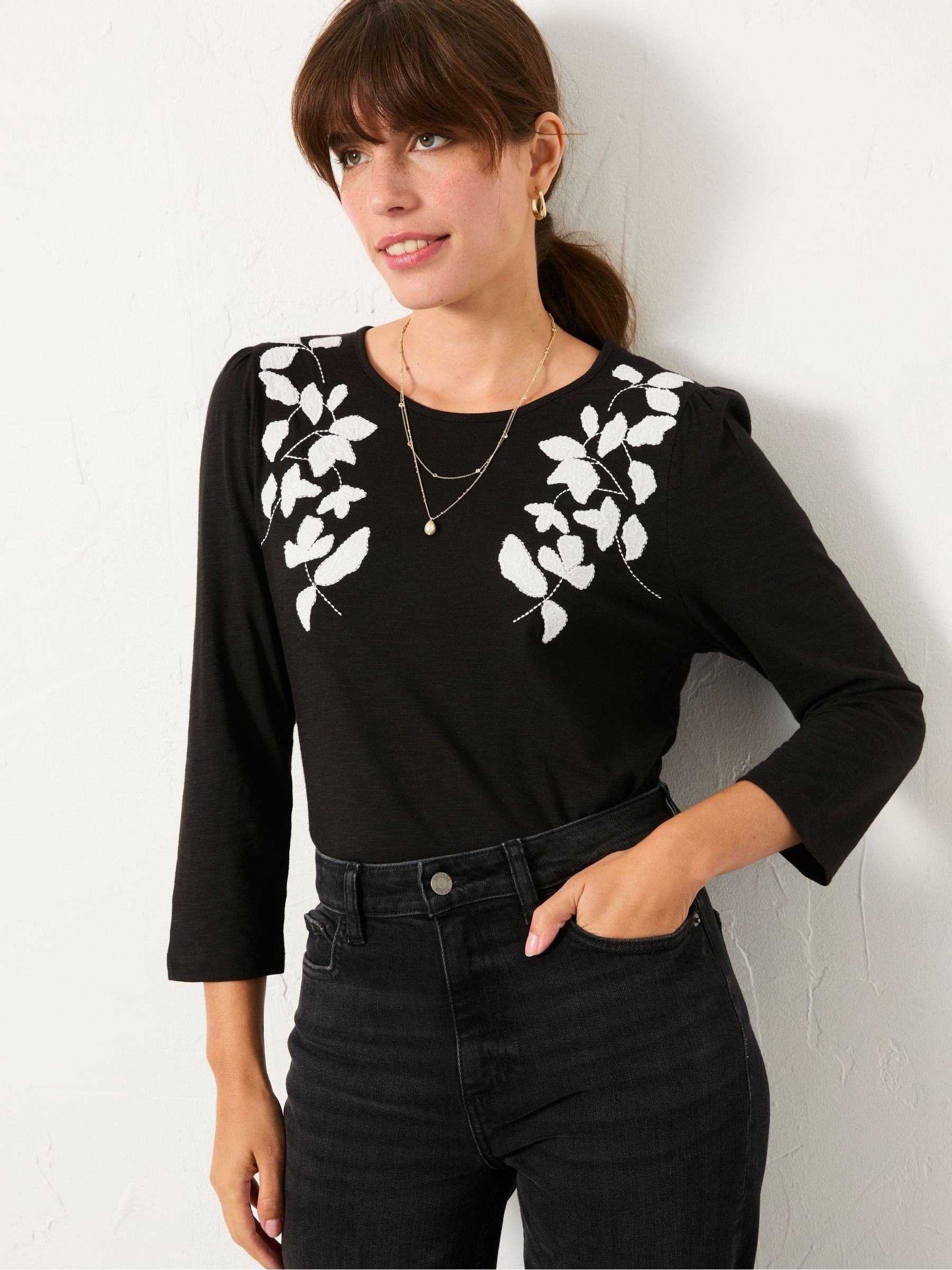 Ria Black Applique Detail Top