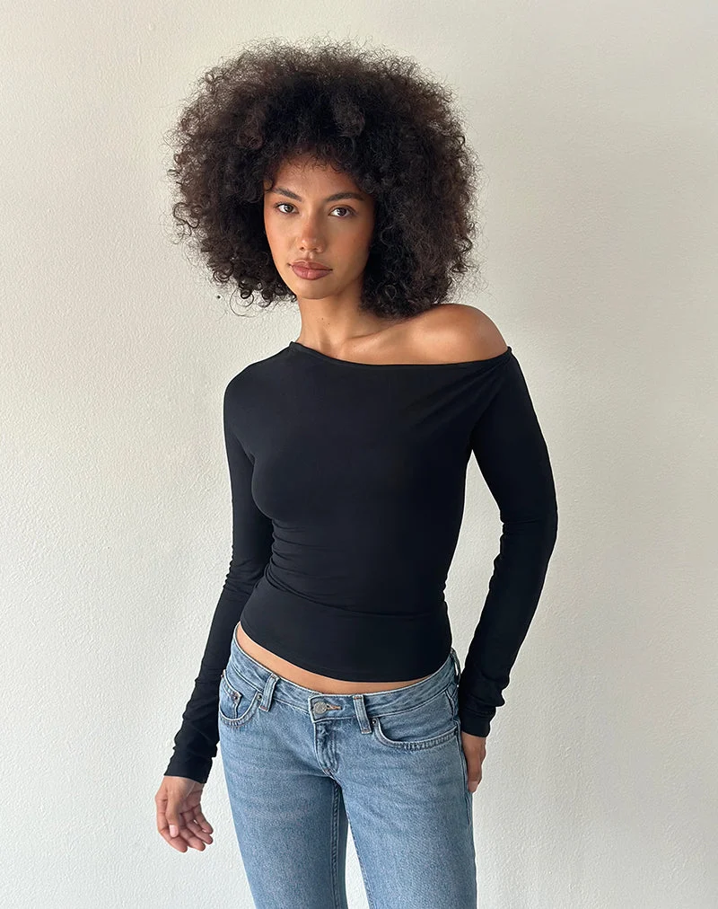 Dareon Long Sleeve Off The Shoulder Top in Black