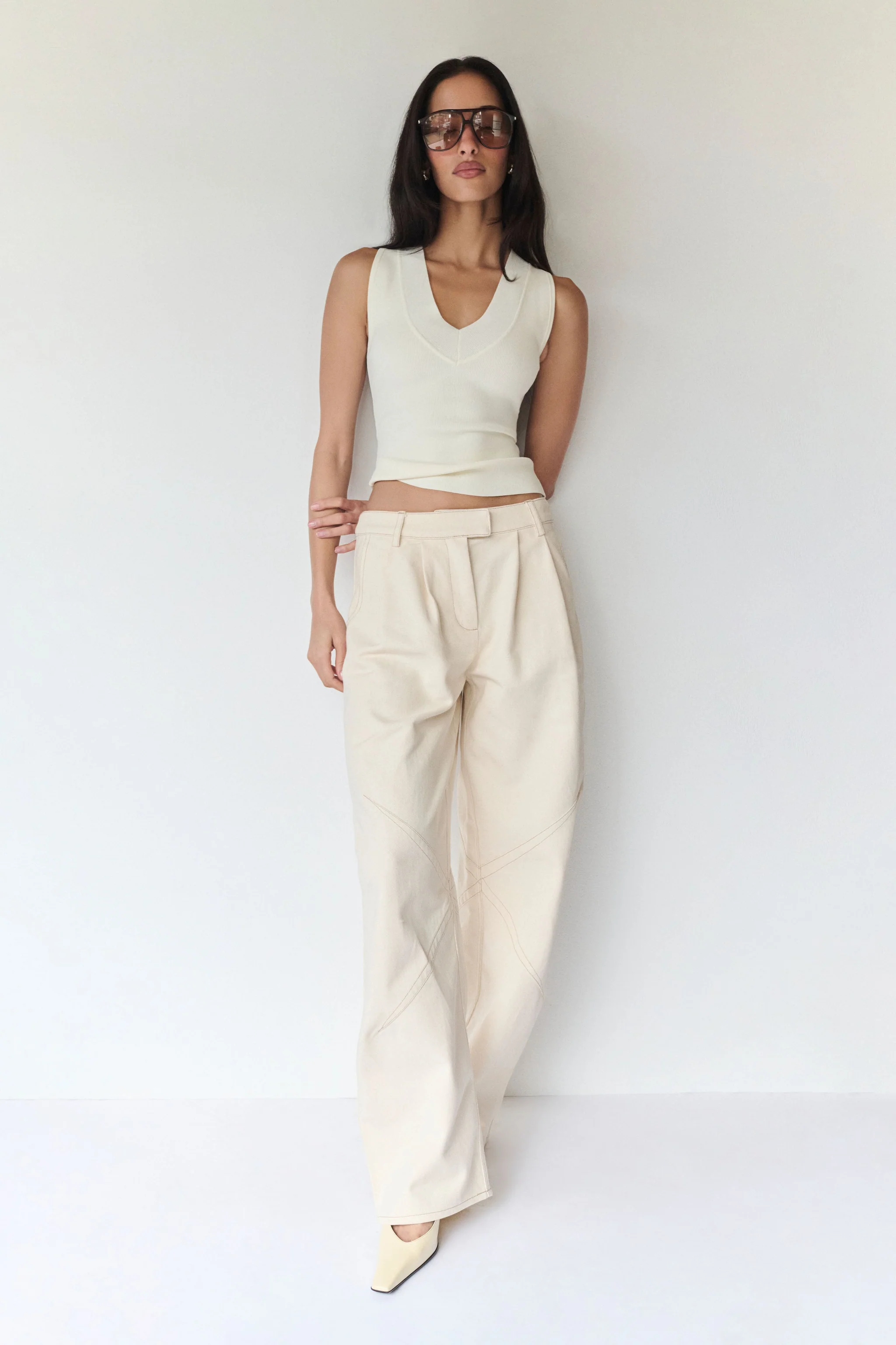 Barrel Leg Denim Pants - Cream