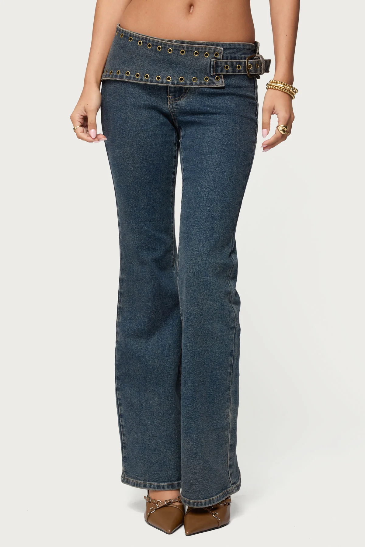 Asymmetric Grommet Belt Low Rise Flared Jeans