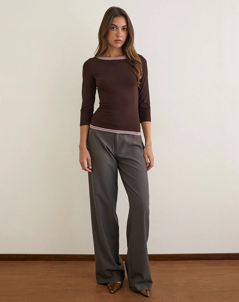 Yones Quarter Sleeve Top in Bitter Chocolate with Grey Lavender Trim