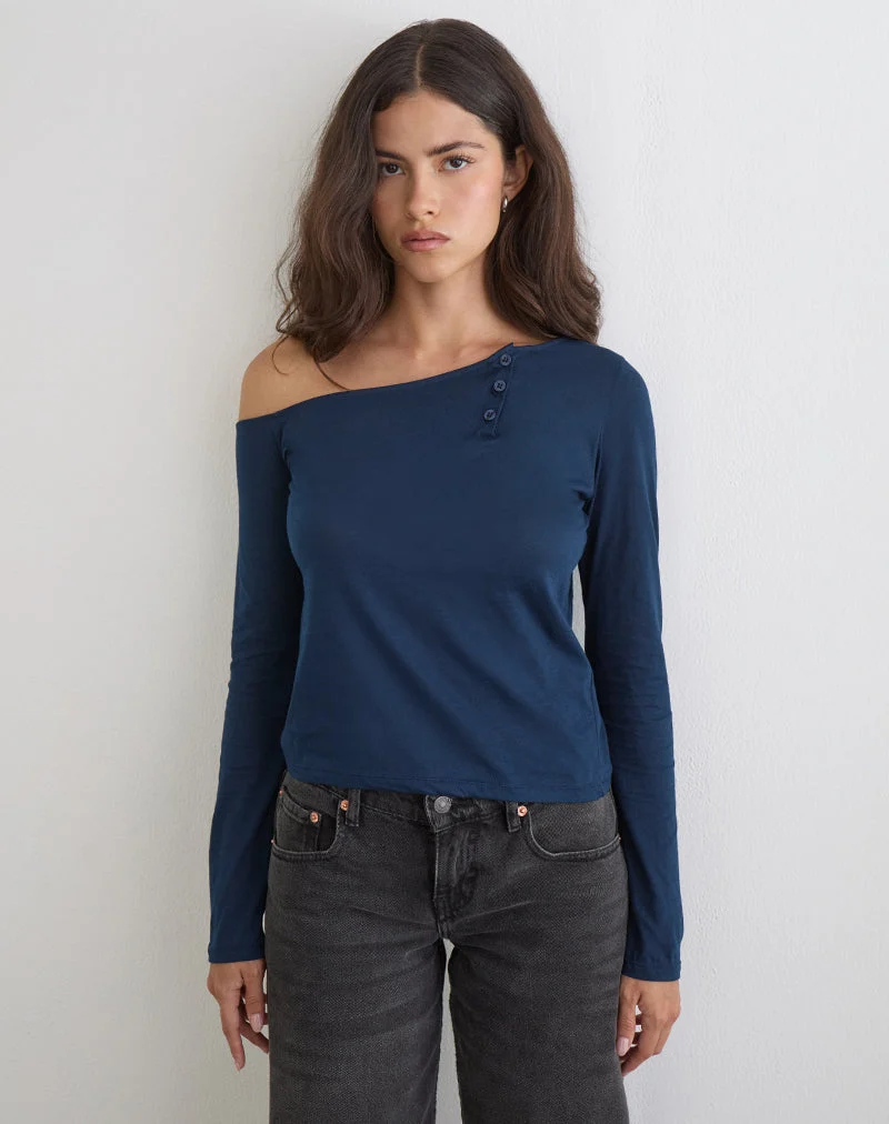 Tole Asymmetric Button Up Top in Tissue Jersey Dark Navy
