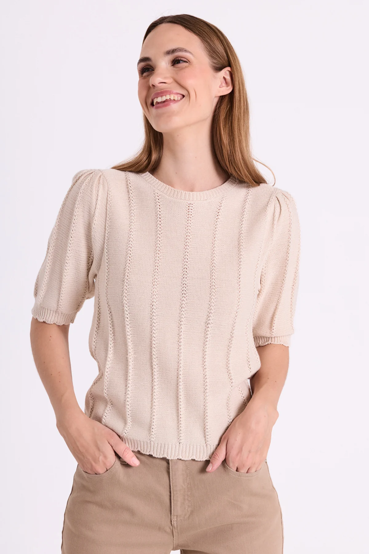 FQMORA - PULLOVER MIT STICKEREIDETAILS - BEIGE