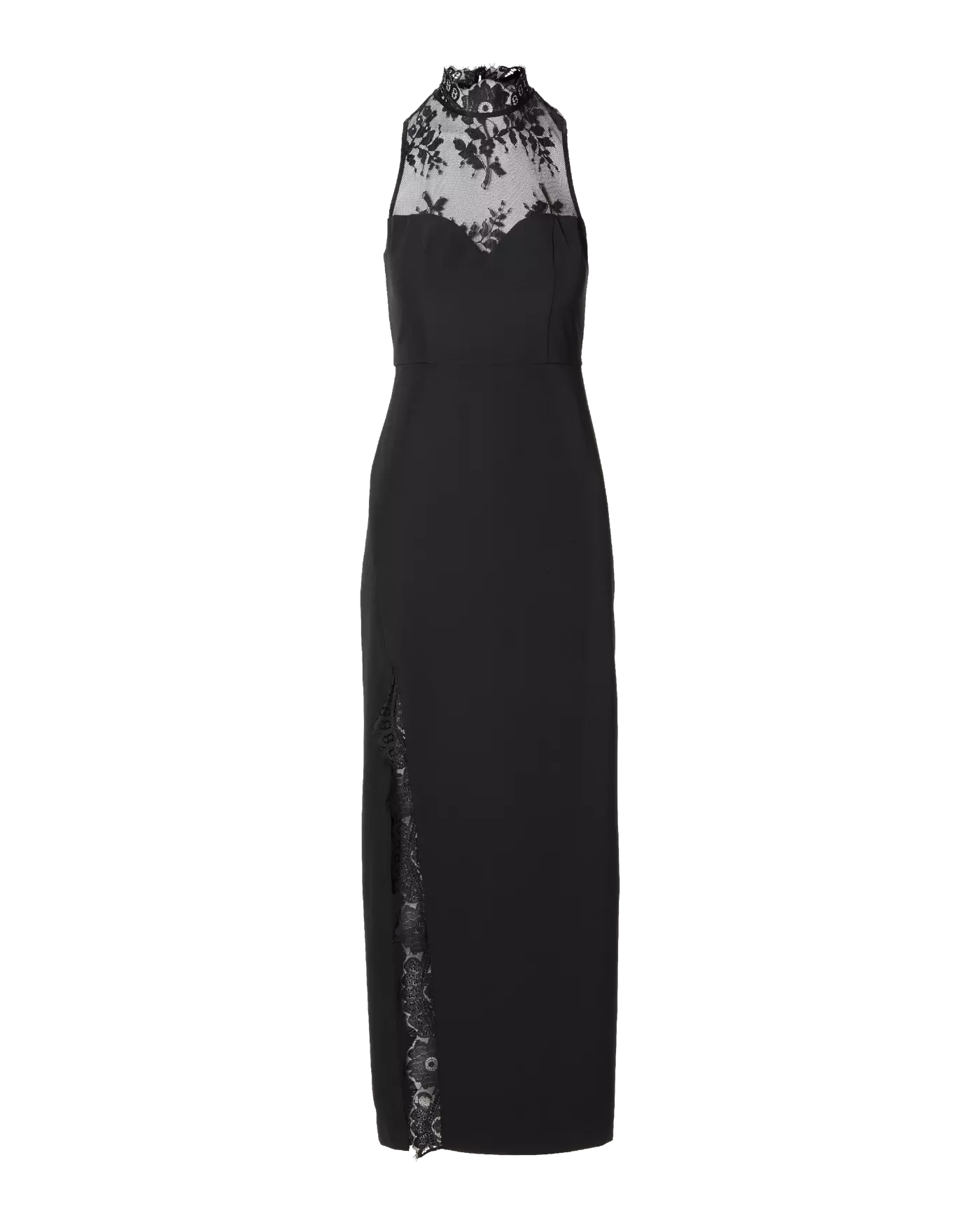Delicate Lace Mock Neck Slit Maxi Dress Black