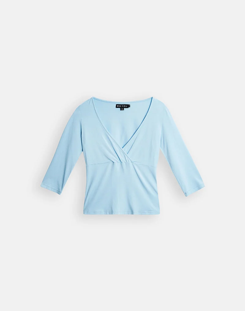 Trudis Quarter Sleeve Wrap Top in Jersey Cool Blue