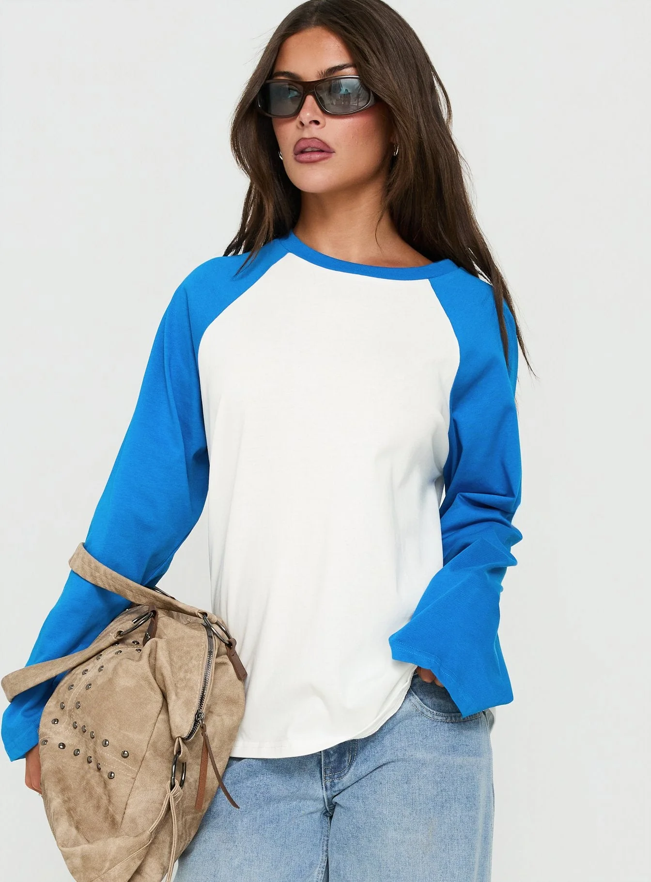 Settle Down Long Sleeve Raglan Top Blue / White