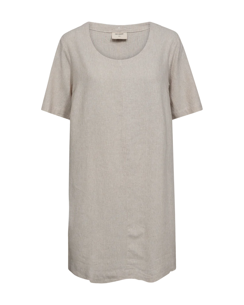 FQLAVA - GESTREIFTE LEINENKLEID - BEIGE UND WEISS