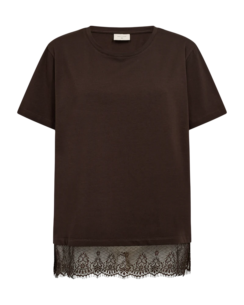 FQSURE – T-SHIRT MIT SPITZENBESÄTZ - BRAUN
