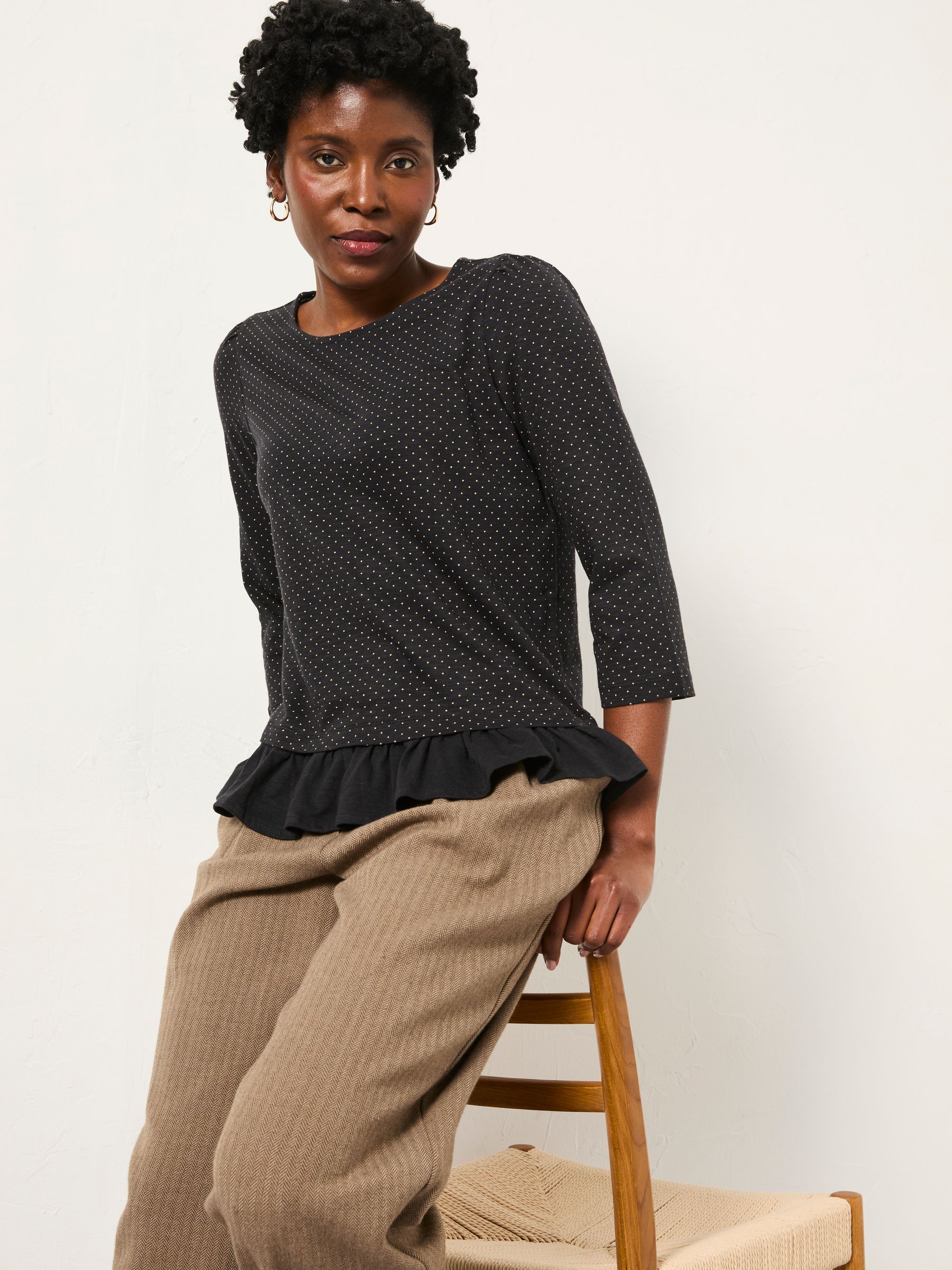 Kai Black Pin Spot Peplum Top