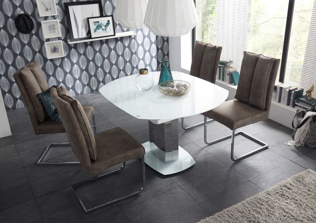 Esstisch ausziehbar Ø 130-190 Super White Glas / Edelstahl