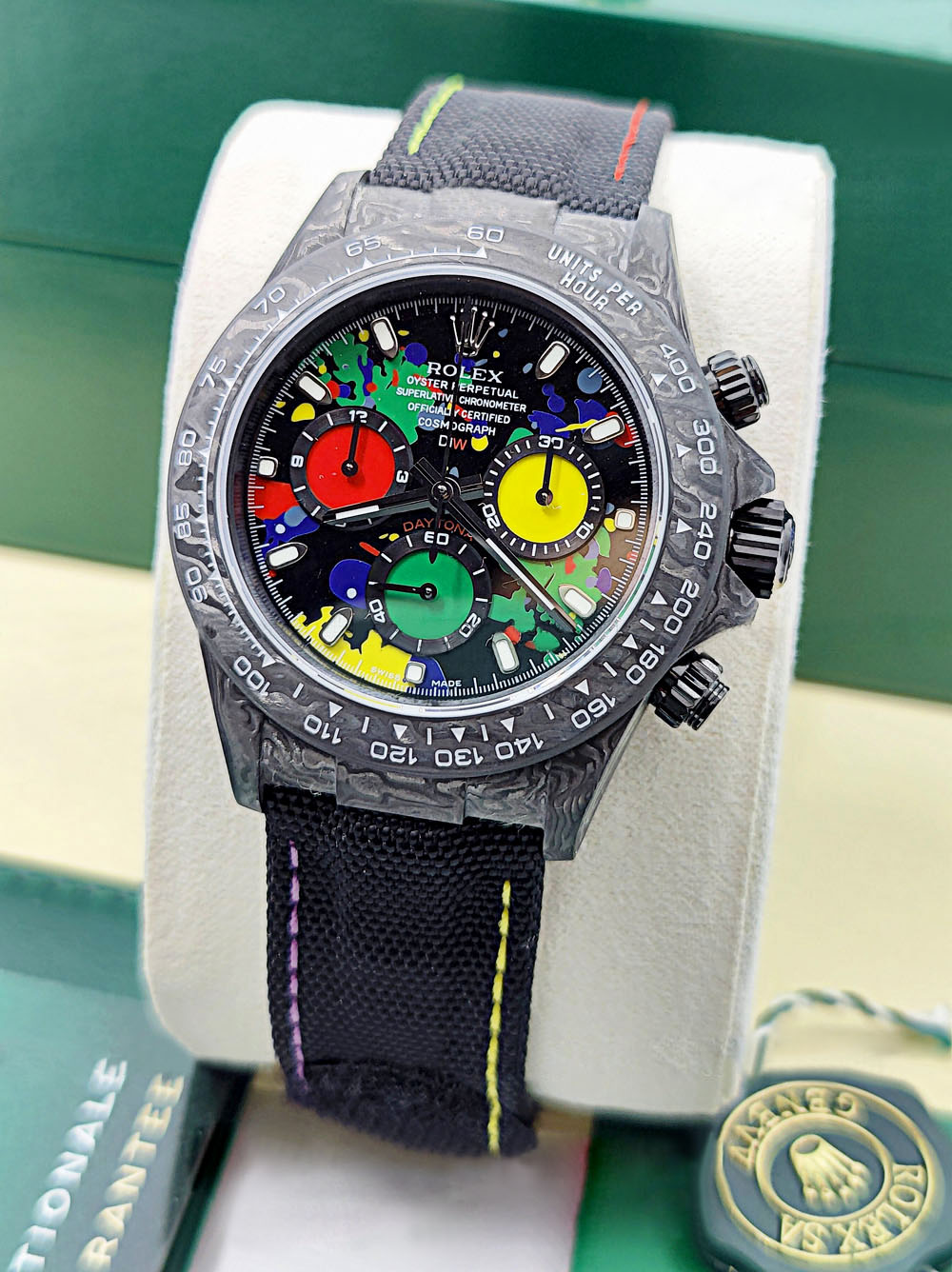 【Super Clone】ROLEX Cosmograph Daytona DIW Carbon Motley Multicolour Dial Super Clone Swiss Replica Watch | Custom Made Limited Edition |