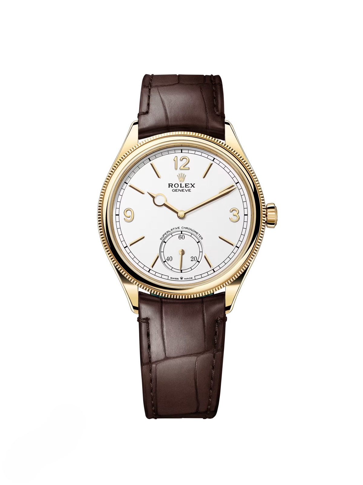 【Super Clone】ROLEX 1908 Yellow Gold White Dial Brown Alligator Strap - 52508-0006