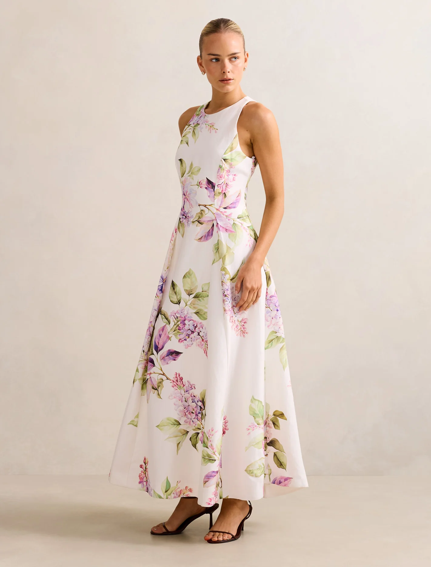 High Neck Printed Midi Dress